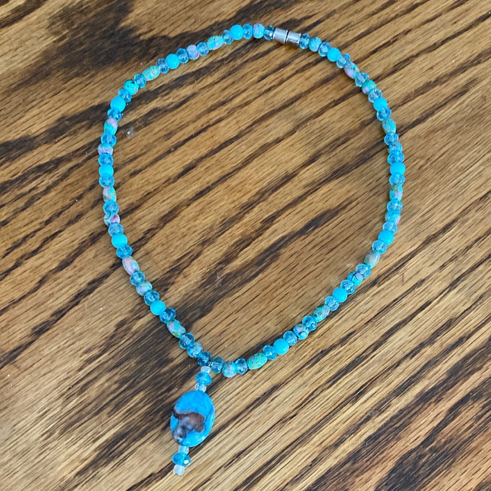 Artisan Glass Bead Focal Necklace Beachy Faux Turquoise Beads Magnetic Clasp - Picture 2 of 8